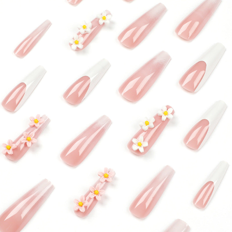 Nail art piece Wear nail, French white edge smudge Wear nail three-dimensional flower nail patch Finished fake nail｜365nails