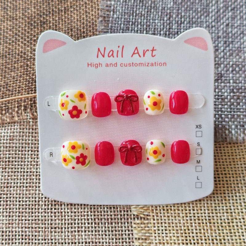 365nails: "retro red floral" – short round handmade kids press-on nails