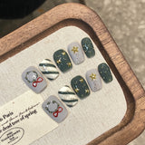 Christmas Wreath & Star Press‑On Nails – Green and Gray Glitter Design
