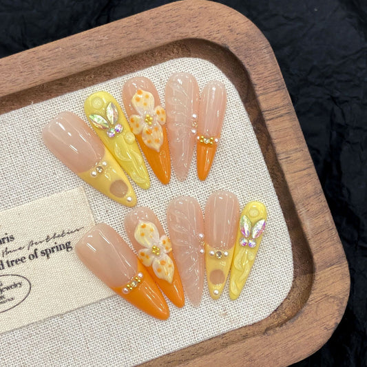 Vitality Orange French Three-dimensional Carved Egg Flower Advanced Sense Pure Desire White Pure Handmade nails | 365nails