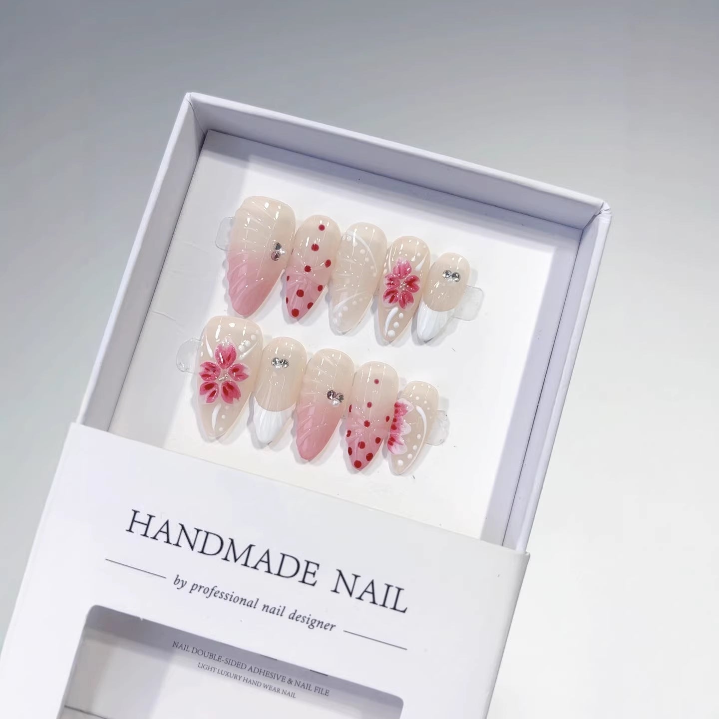 Blush Floral: "Pink Cherry Dots" – Almond Shape Handmade Press-Ons