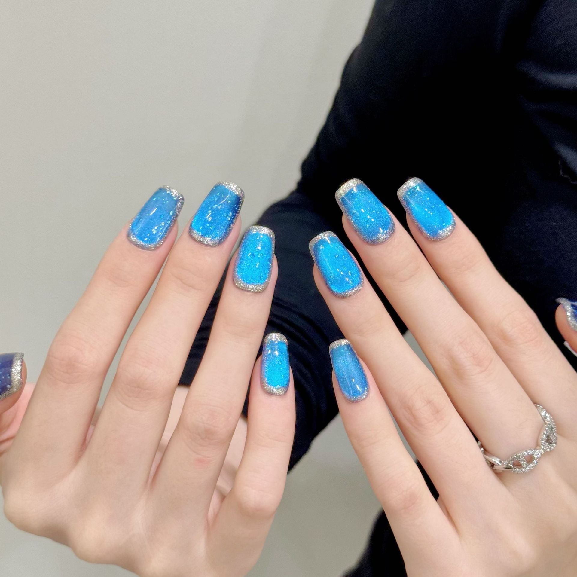 365nails: "Sapphire Galaxy" – Cat-Eye Glitter & Silver French Tip Handmade Short Square Nails