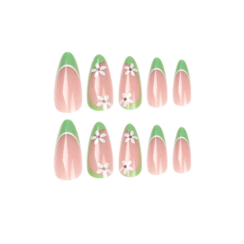 Uñas francesas con flores verdes, parches para uñas, pegatinas para uñas terminadas, uñas removibles, piezas para uñas, 365nails