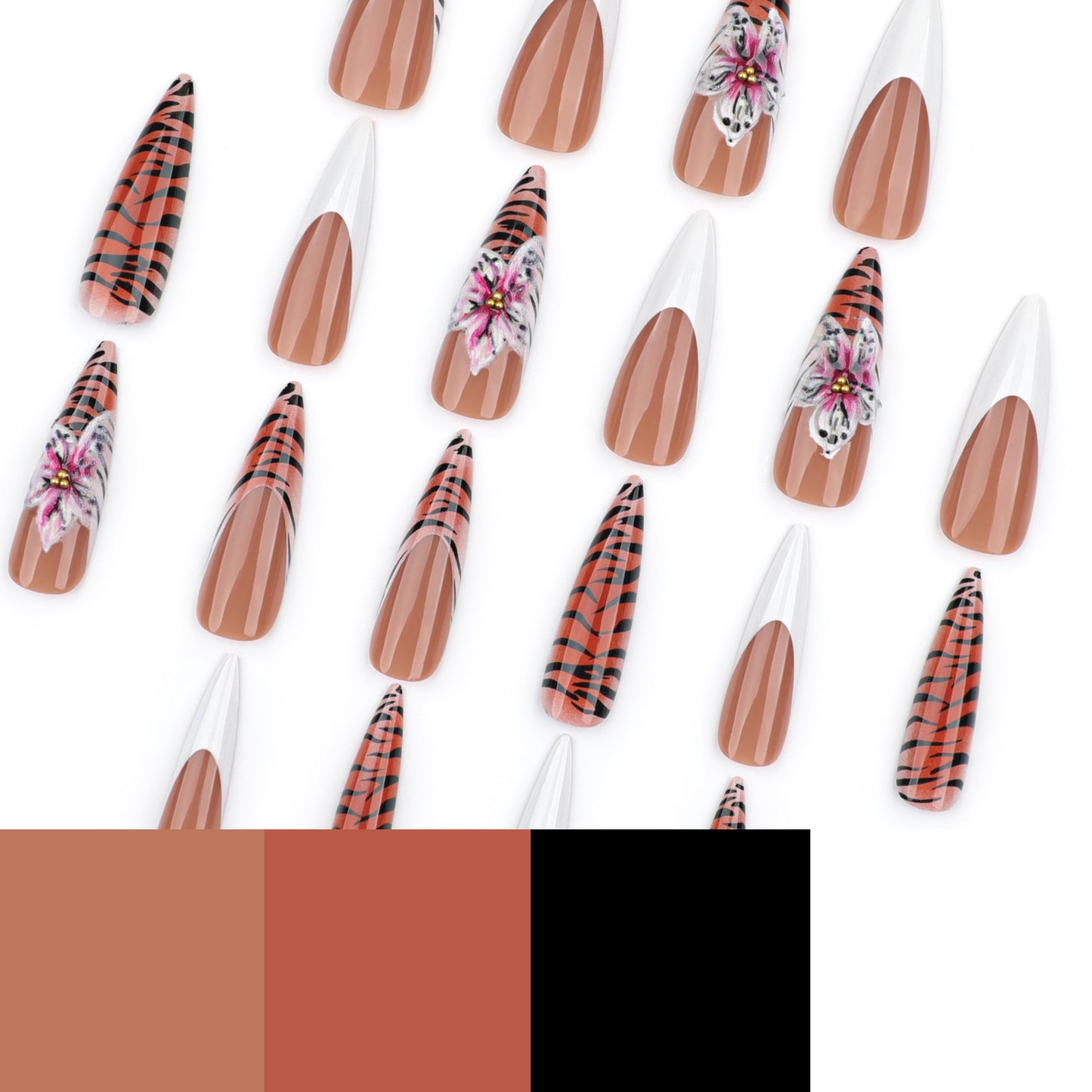 Europa, América, otoño e invierno, manicura popular francesa sencilla blanca para usar, uña postiza con estampado de leopardo en 3D y flores｜365nails