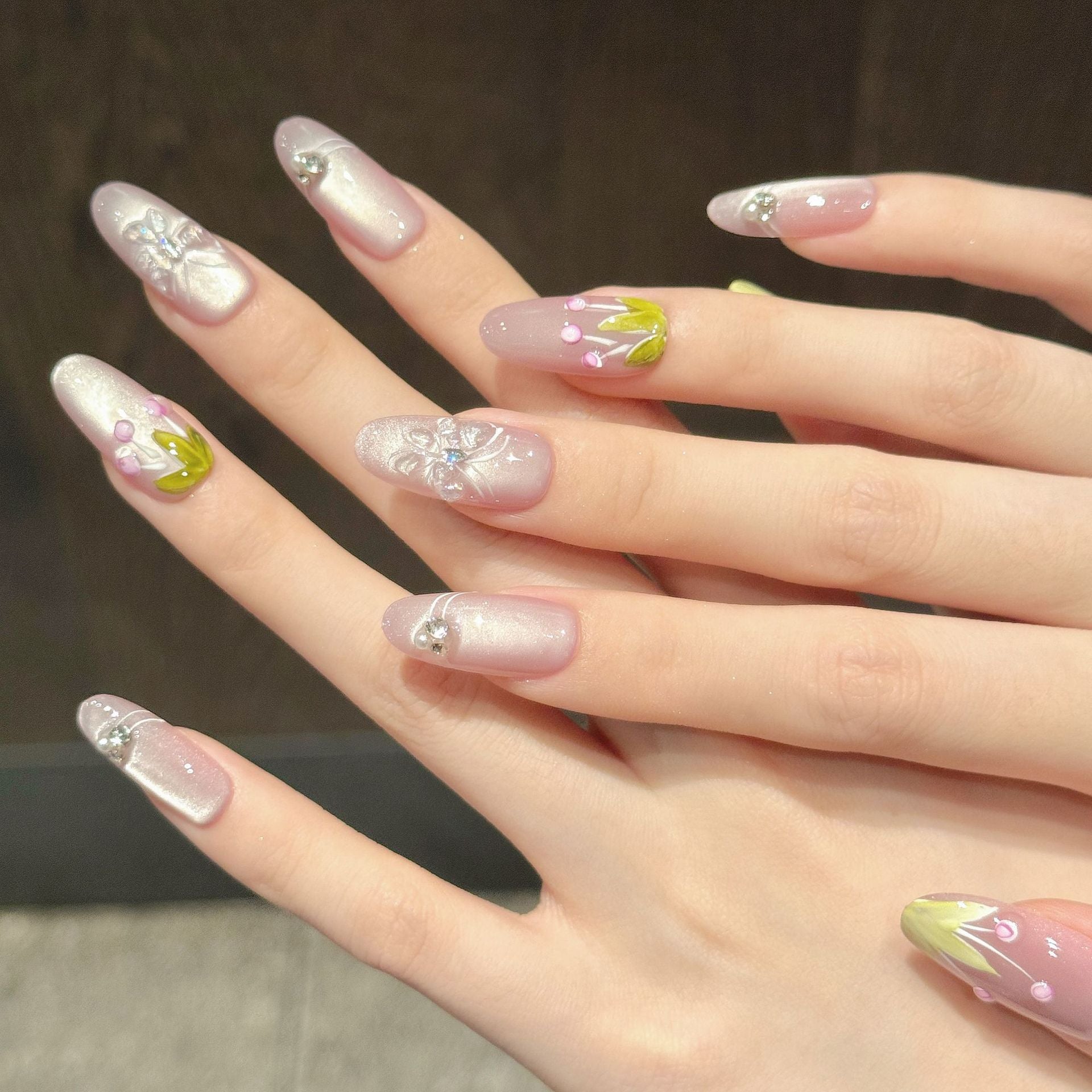 365nails: "Enchanted Bloom" – Hand-Painted Floral Handmade Almond Nails