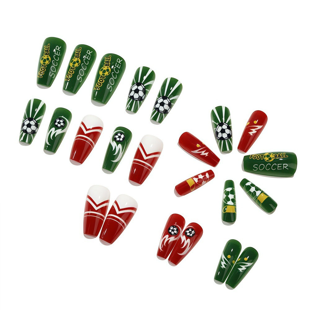 Unhas Postiças (Press-On) Padrão Futebol Verde e Vermelho Entusiasmado da Copa do Mundo (Brilhante/24unid/Formato Caixão)