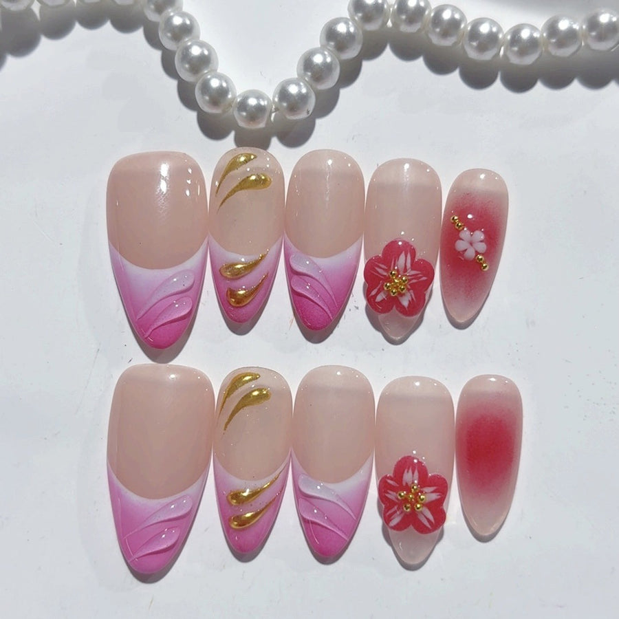 Romantic Sakura: "Blush Cherry Blossom" – Medium Almond Nude & Pink Gradient Handmade Press-On