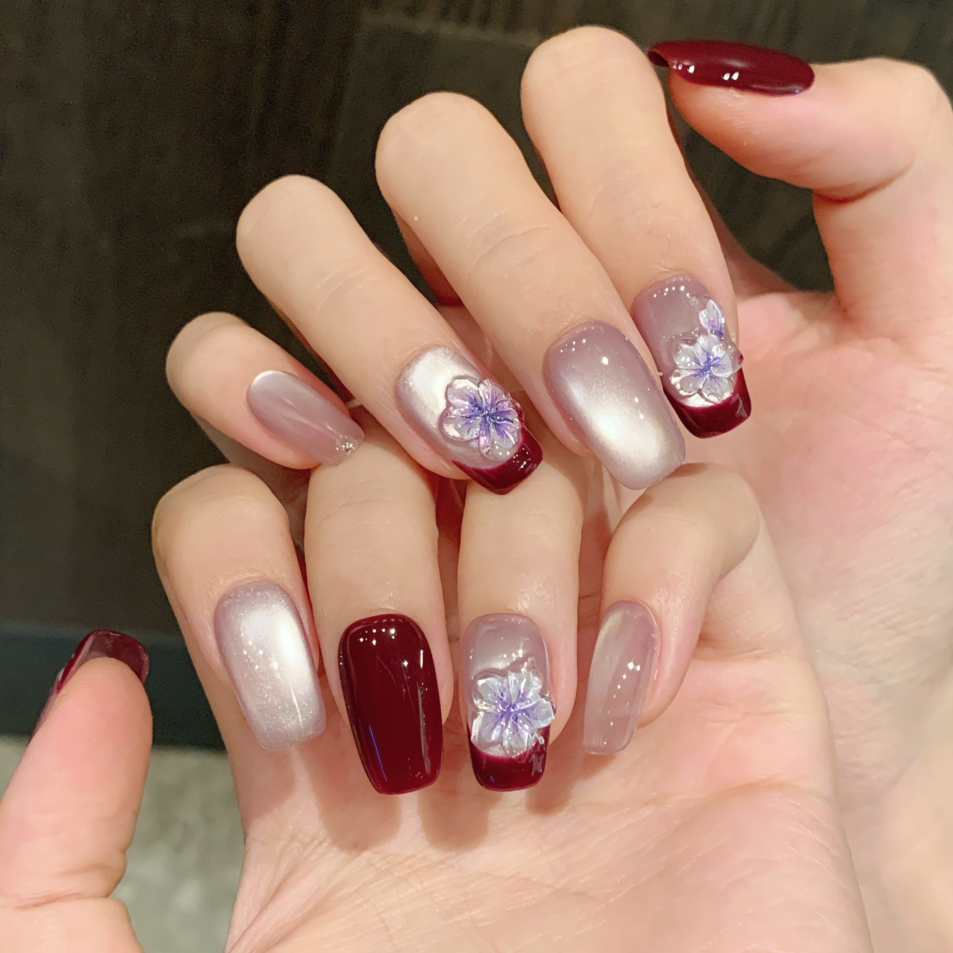 365nails: "Crystal Blossom" – 3D Flower & Glass Bead Cat-eye Handmade Square Nails