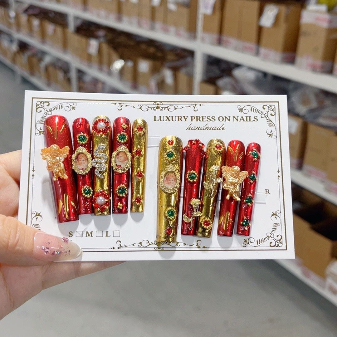 Luxury Red Gold Extra Long Coffin Press On Nails