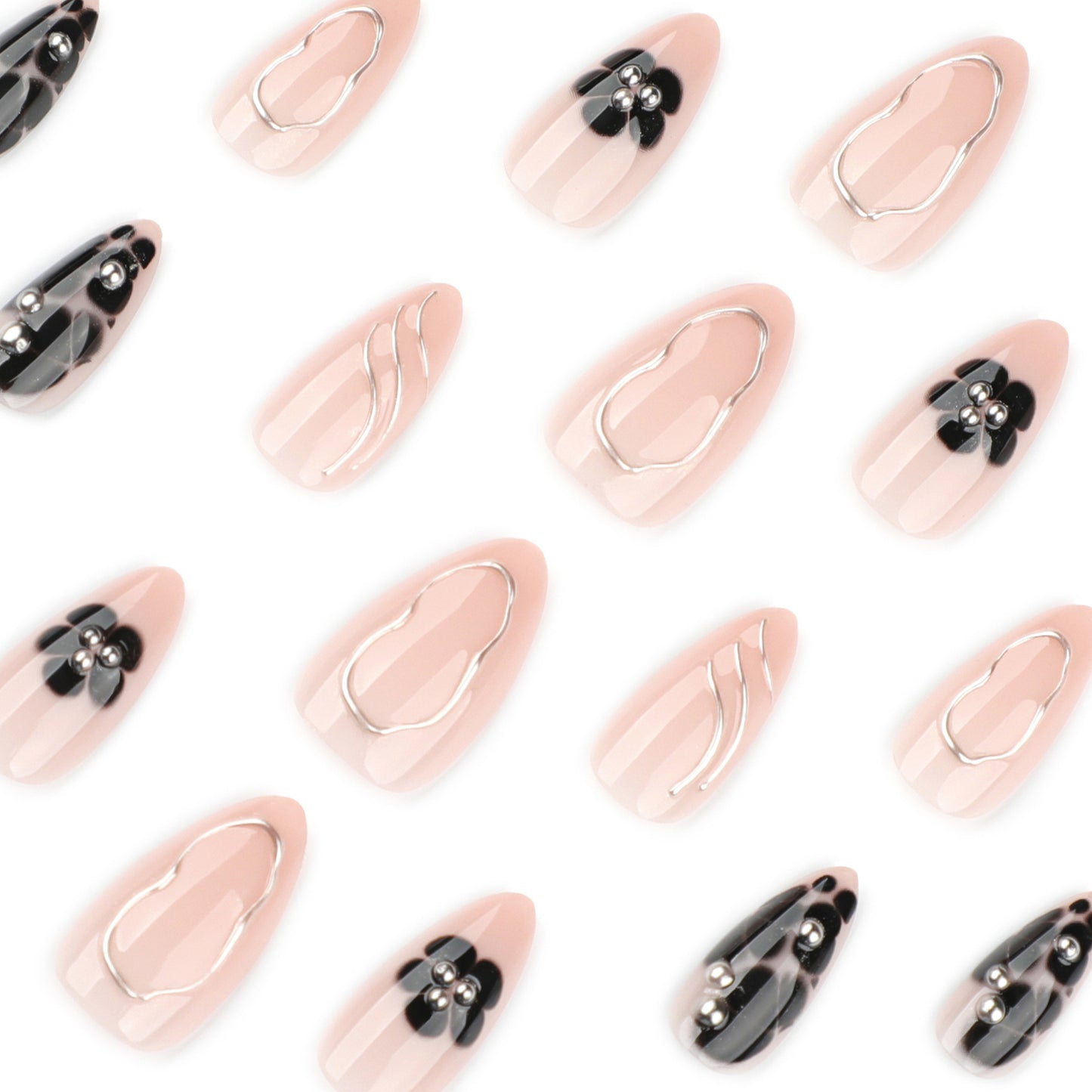 Popular Black Petals Flowers Short Almonds press-on nails