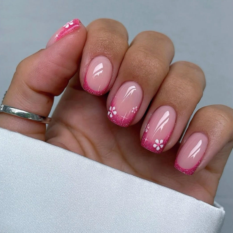 인기 프렌치 로즈 레드 글리터 숏 스퀘어형 네일 네일 아트｜365nails