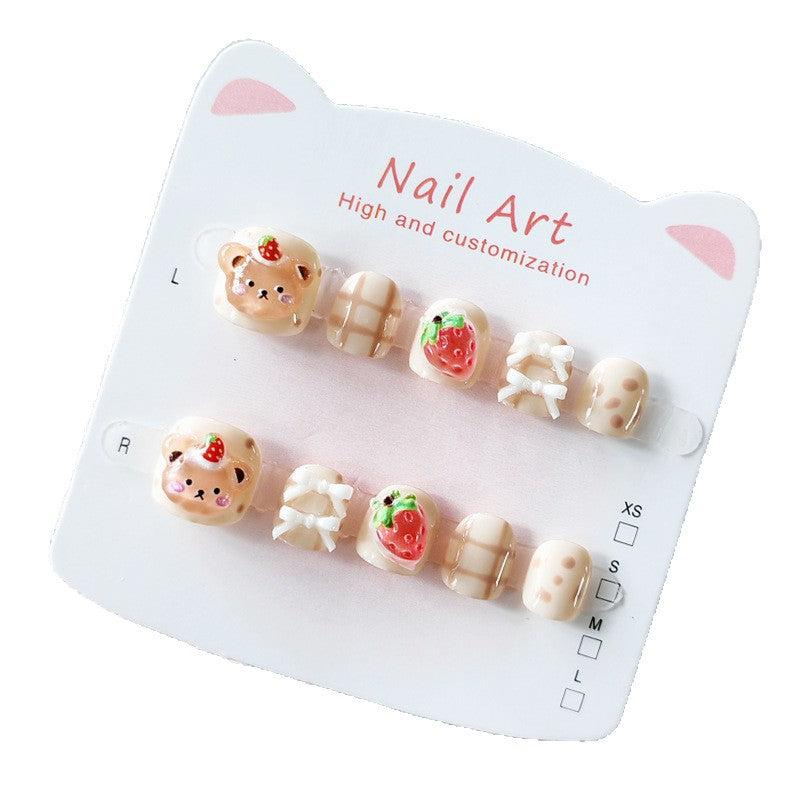 365nails: "urso morango doce" – unhas postiças curtas, redondas e feitas à mão para crianças