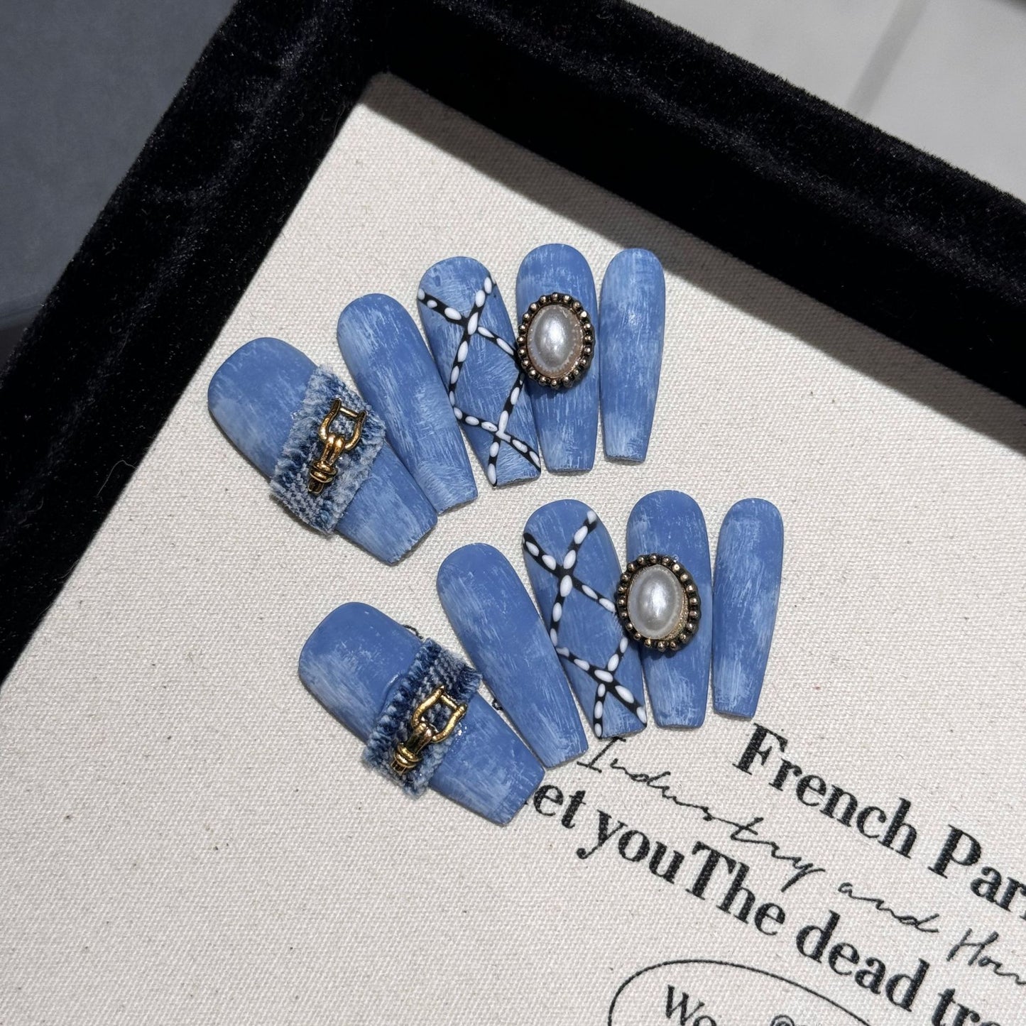 Denim Style Cross Nail Art Wear Nail Art Denim Burr Edge Handmade Design Oblique Cut Hand Painted | 365nails