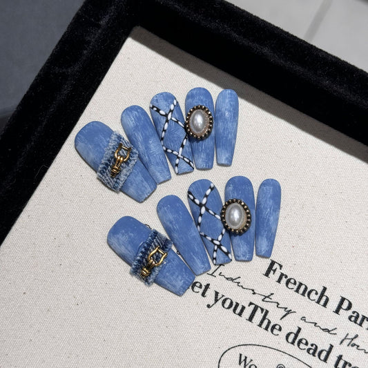 Denim Style Cross Nail Art Wear Nail Art Denim Burr Edge Handmade Design Oblique Cut Hand Painted | 365nails