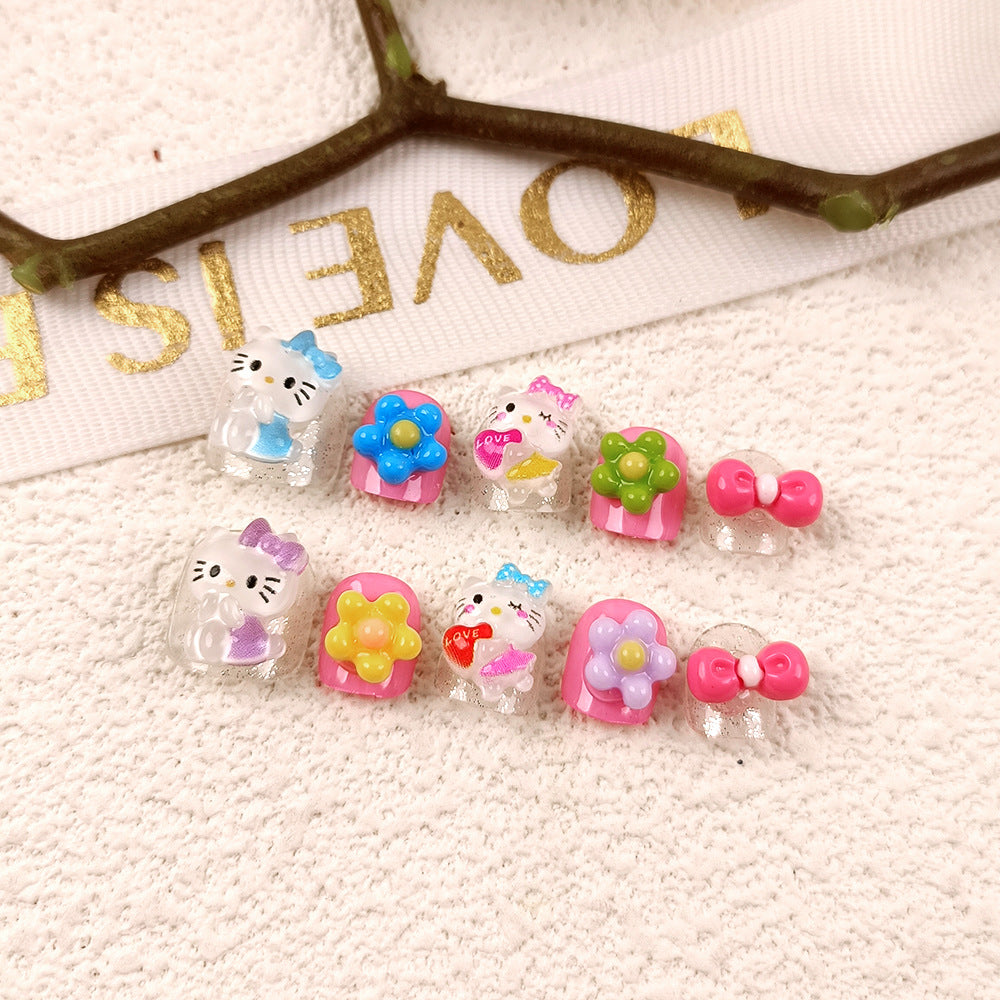 Children's multi-colored flower cartoon nail art 3D three-dimensional children's nail patch 10 pieces bow wear nail
