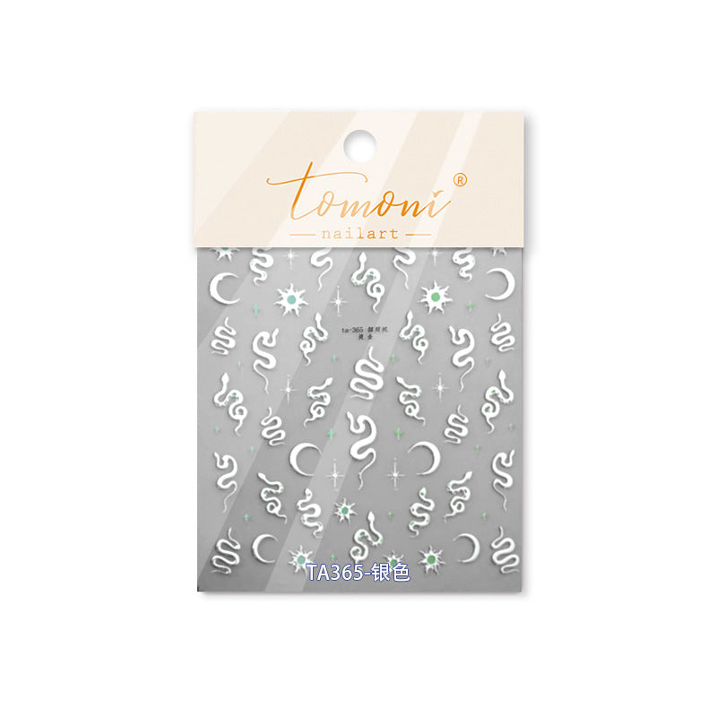 Silver Celestial Snake & Moon: "Mystic Celestial Serpent" – 5D Embossed Nail Sticker