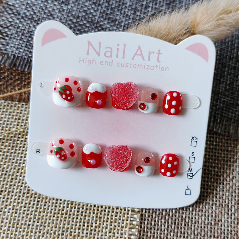 365nails-Strawberry Sweet Kids Series: "Strawberry Dessert Party" – Short Square Kids Nail Art