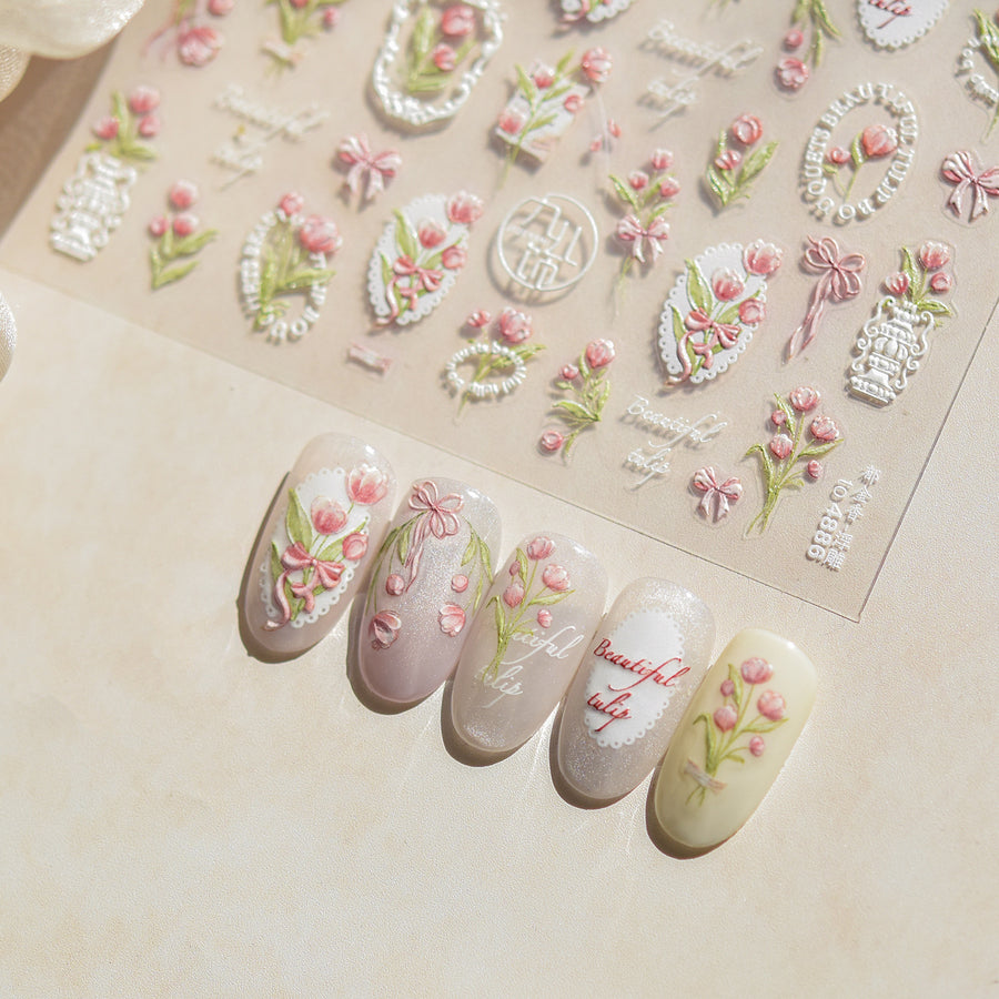 Pink Tulip Collection: "Vintage Tulip" – 3D Embossed Nail Sticker