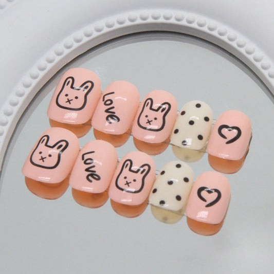 Short pink cute rabbit stick figure manicure love childlike sweet kids nails｜365nails