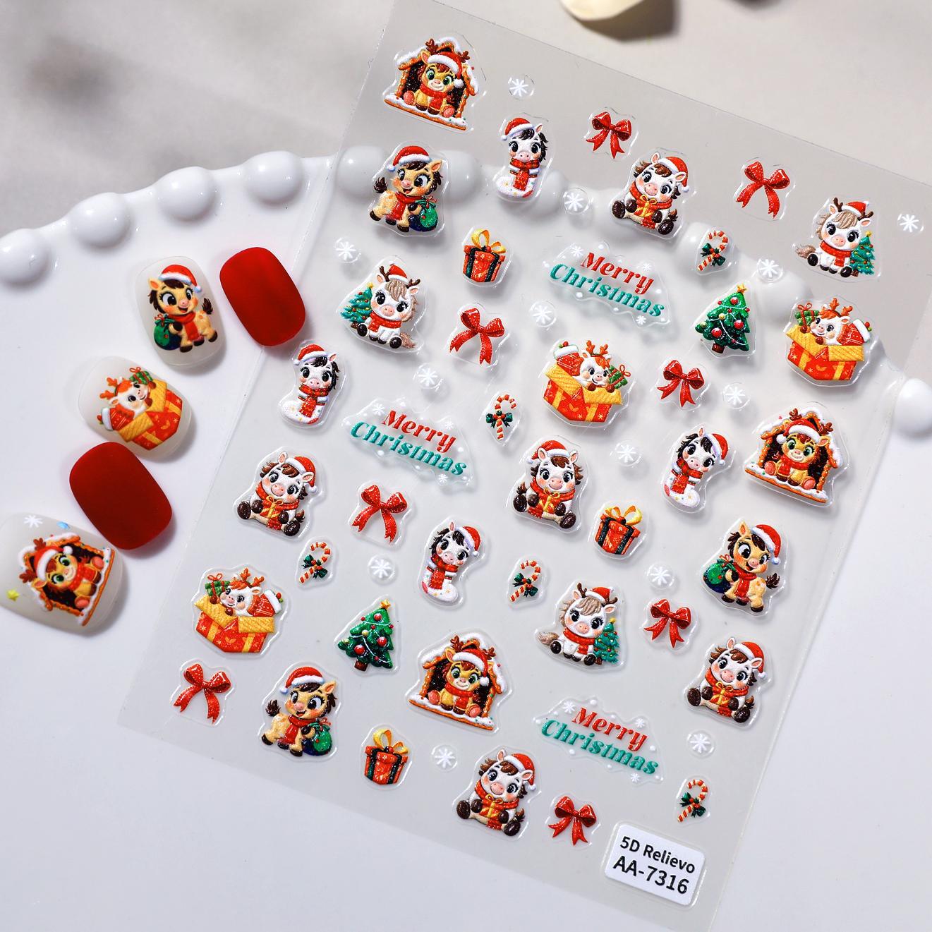 Original Snowflake Unicorn Nail Art Sticker 5D Embossed Three-dimensional Christmas Pony DIY Nail Sticker Ornament AA