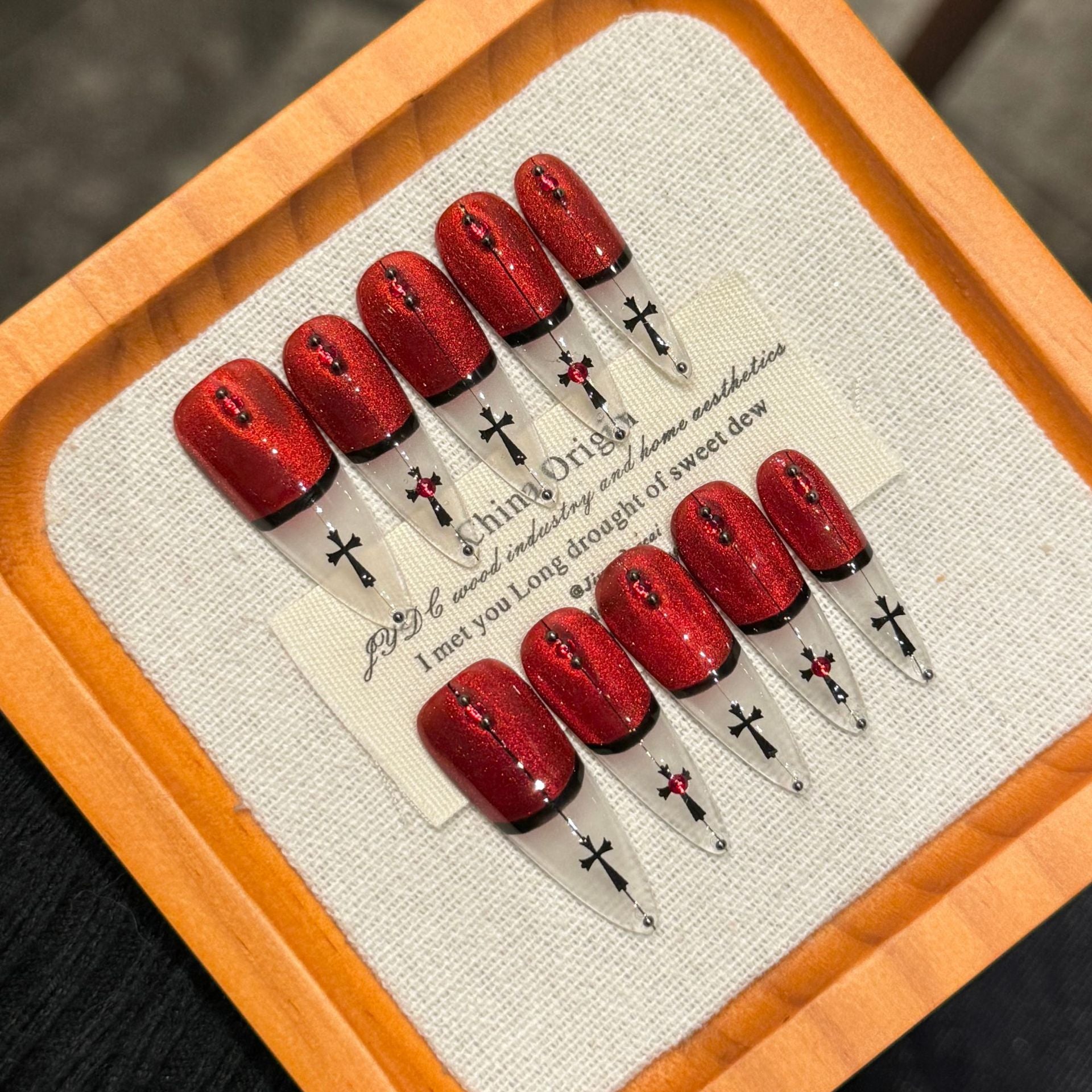 365nails: "Crimson Cross" – 3D Gothic Cross & Cat Eye Handmade Stiletto Nails