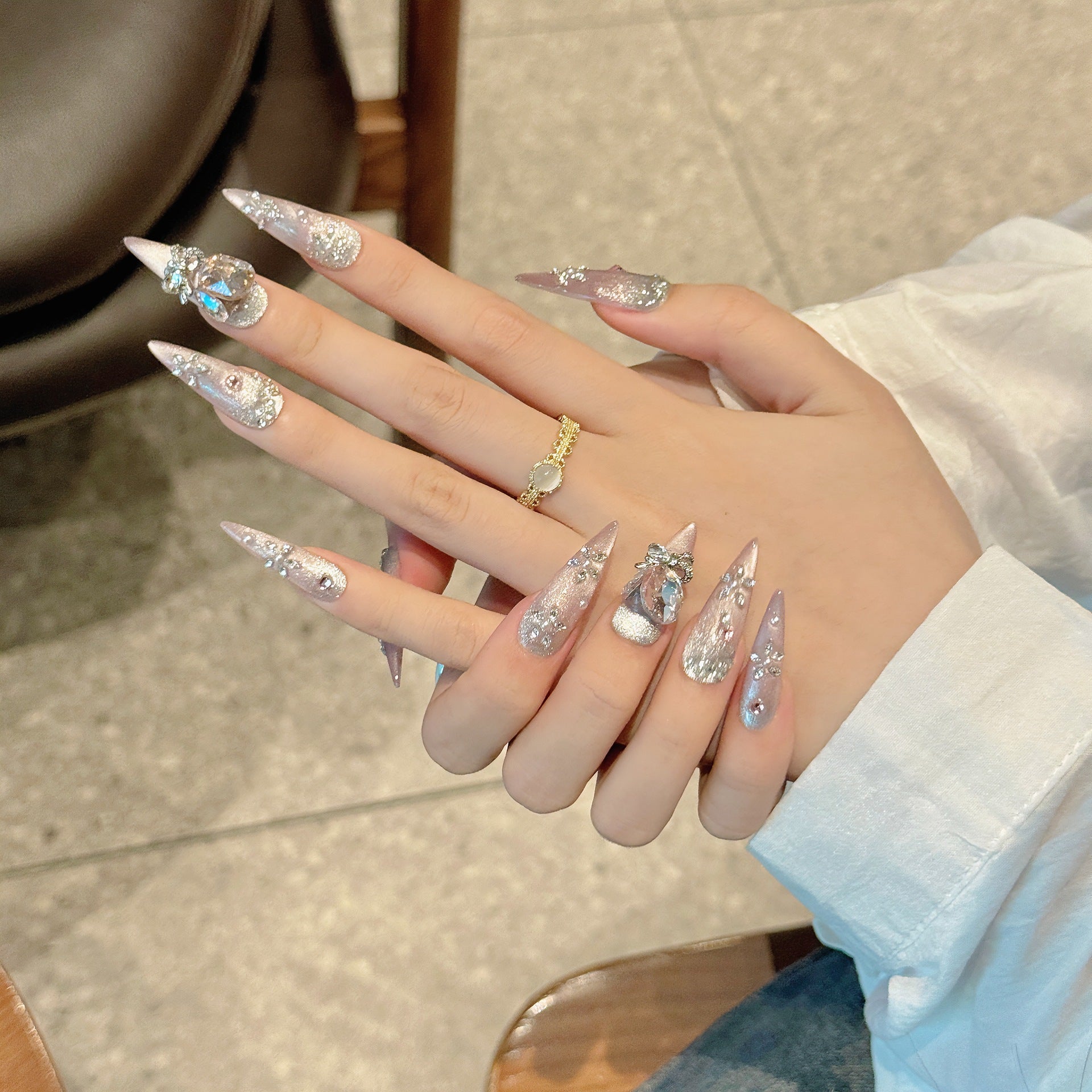 365nails: "Celestial Dream" – Iridescent Cat Eye & Oversized Crystal Handmade Stiletto Nails