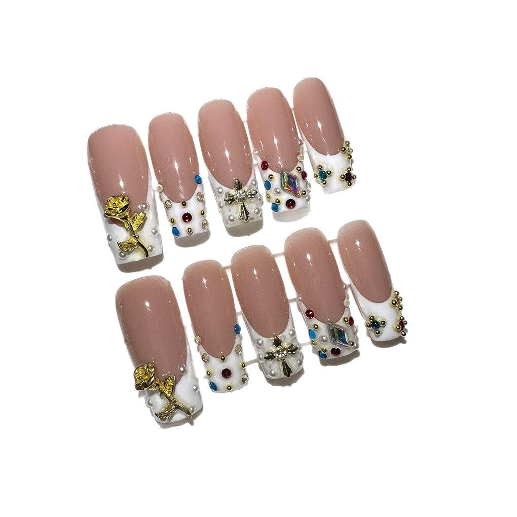 Gemstone Couture Collection: "Jewel Encrusted Nude" – Medium Almond Press-On Nails