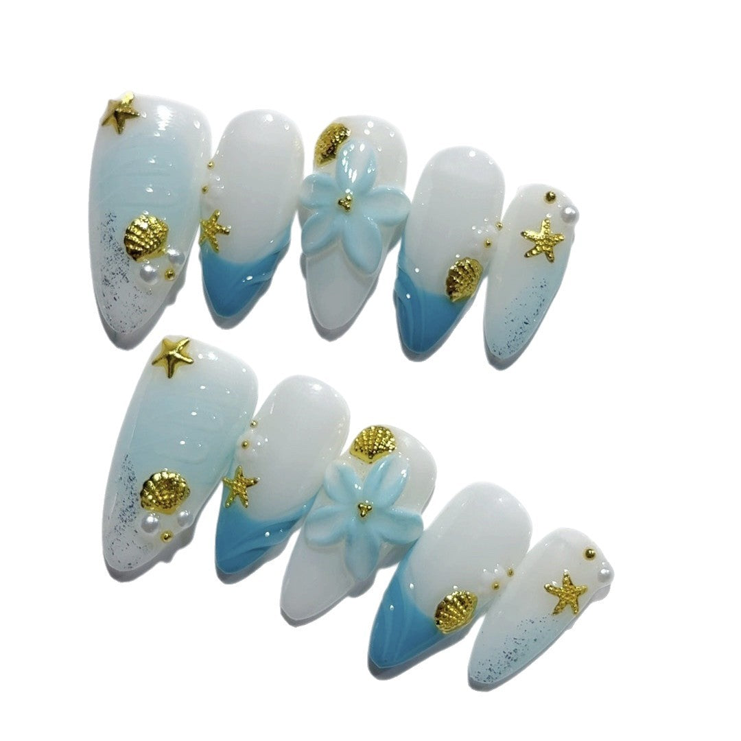 365nails: "海洋寶藏灣" – 中長款 杏仁形 藍色漸層 海洋風 手工製 穿戴甲