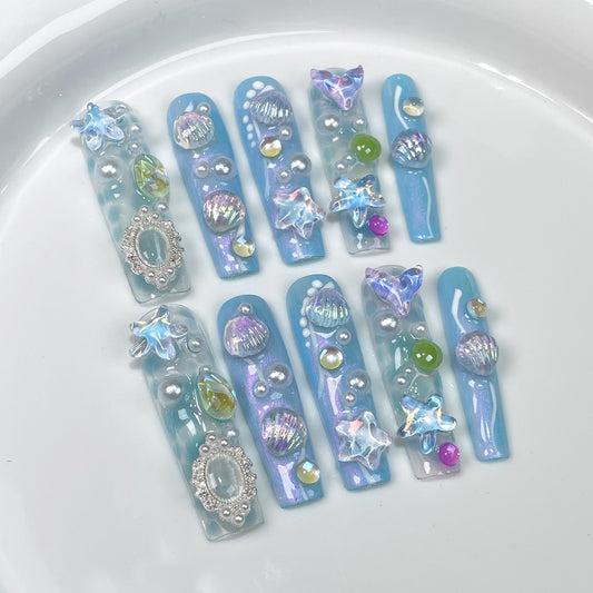 Extra Long Oval,blue dream ocean, cute and fresh long handmade press on nails｜365nails