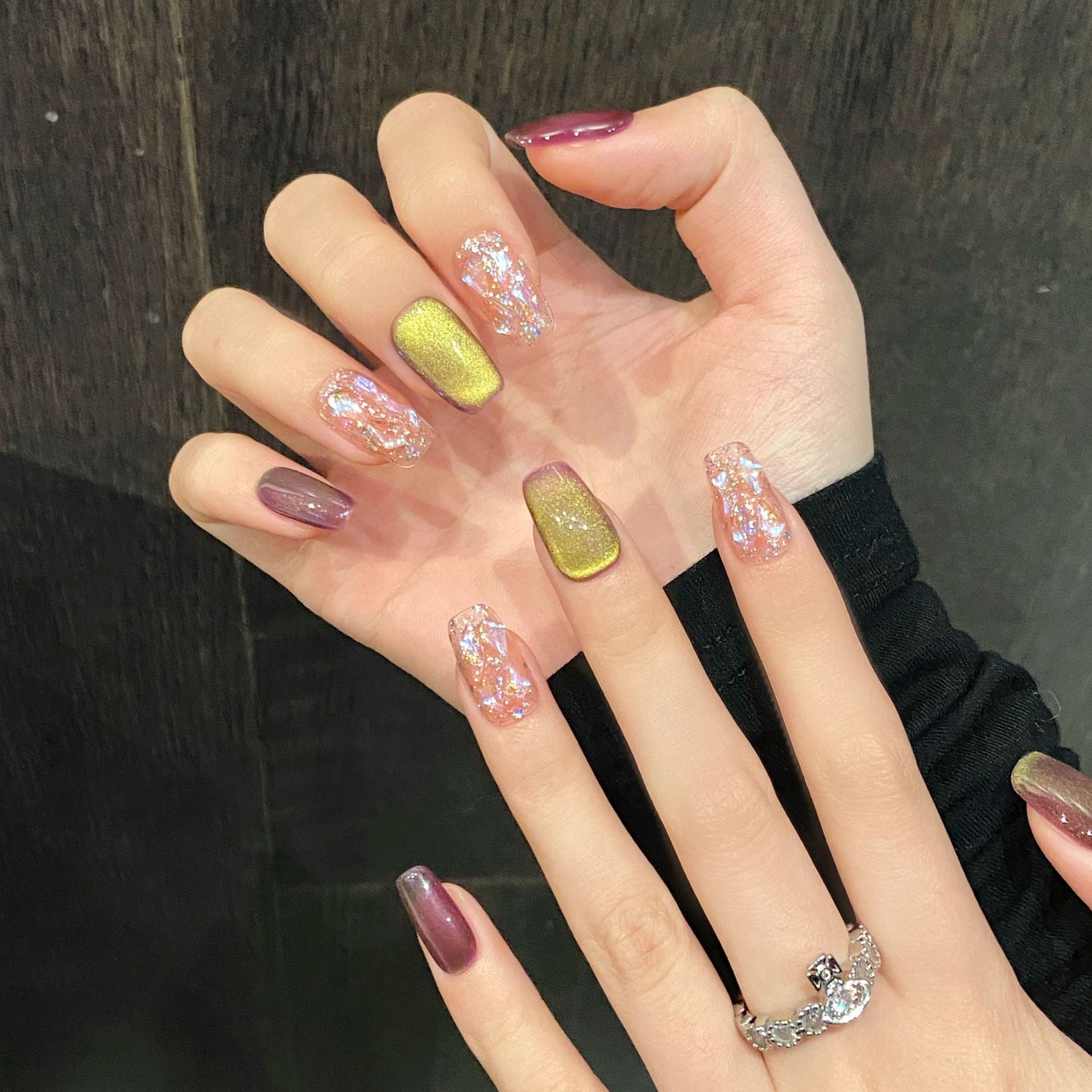 365nails: "호박빛 황혼" – 오로라 캣아이 & 쉘 아트 수제 스퀘어형 네일