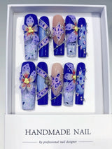 Blue Floral Sculpted Art Crystal Statement Press On Nails