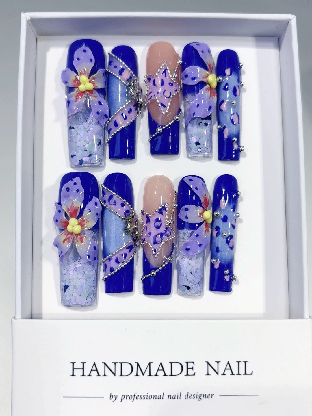 Blue Floral Sculpted Art Crystal Statement Press On Nails