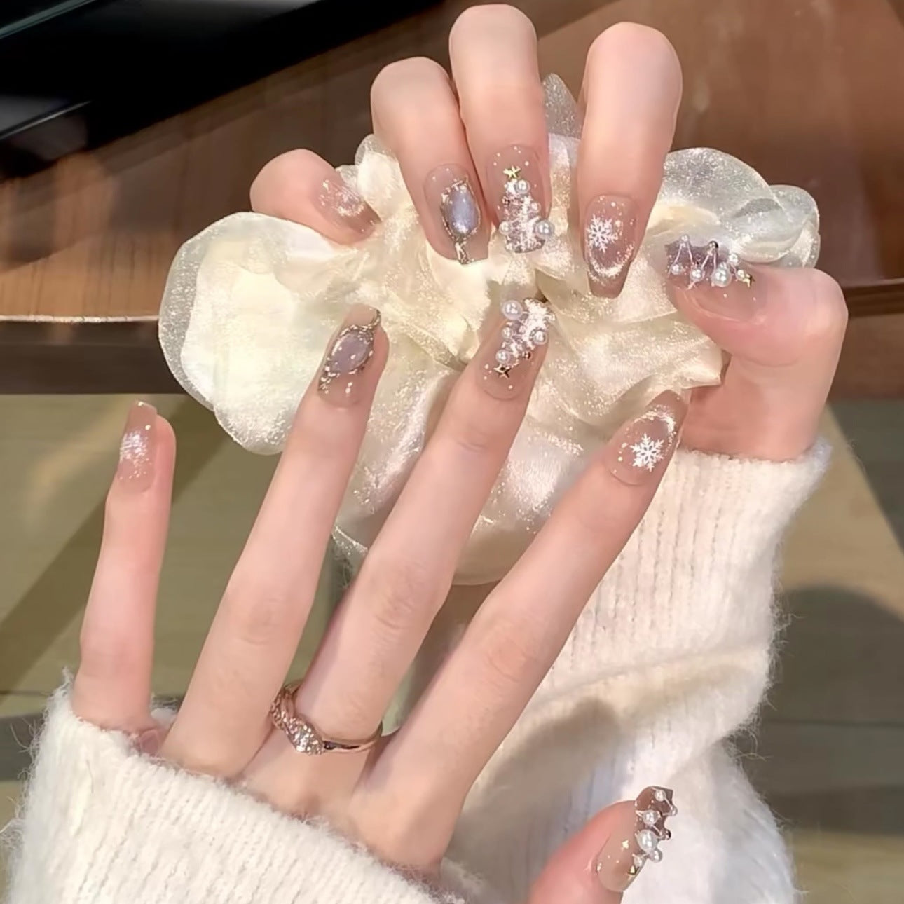 Nude Pink Christmas Press‑On Nails – Snowflake & Star Pearl Design