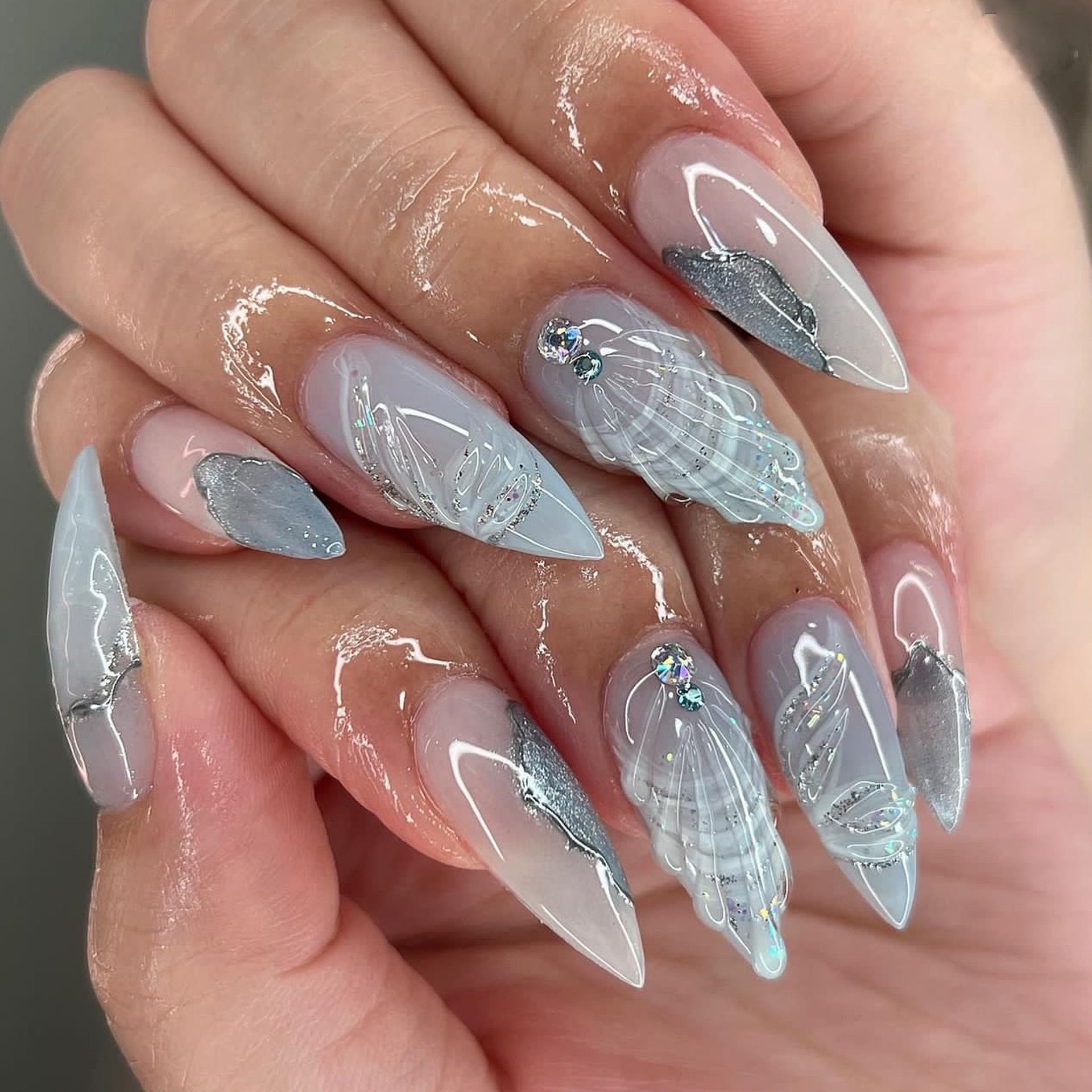 熱銷成品甲片 — 冷色系3D水滴貝殼款 杏仁形｜批發｜365nails