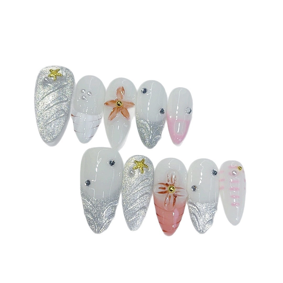 Ocean Star: "Silver Glitter Flower" – Almond Shape Handmade Press-On Nails