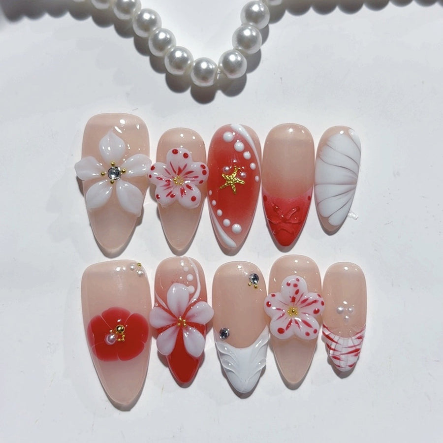 Elegant Floral: "Scarlet Camellia Whisper" – Medium Almond Nude & Red Gradient Handmade Press-On