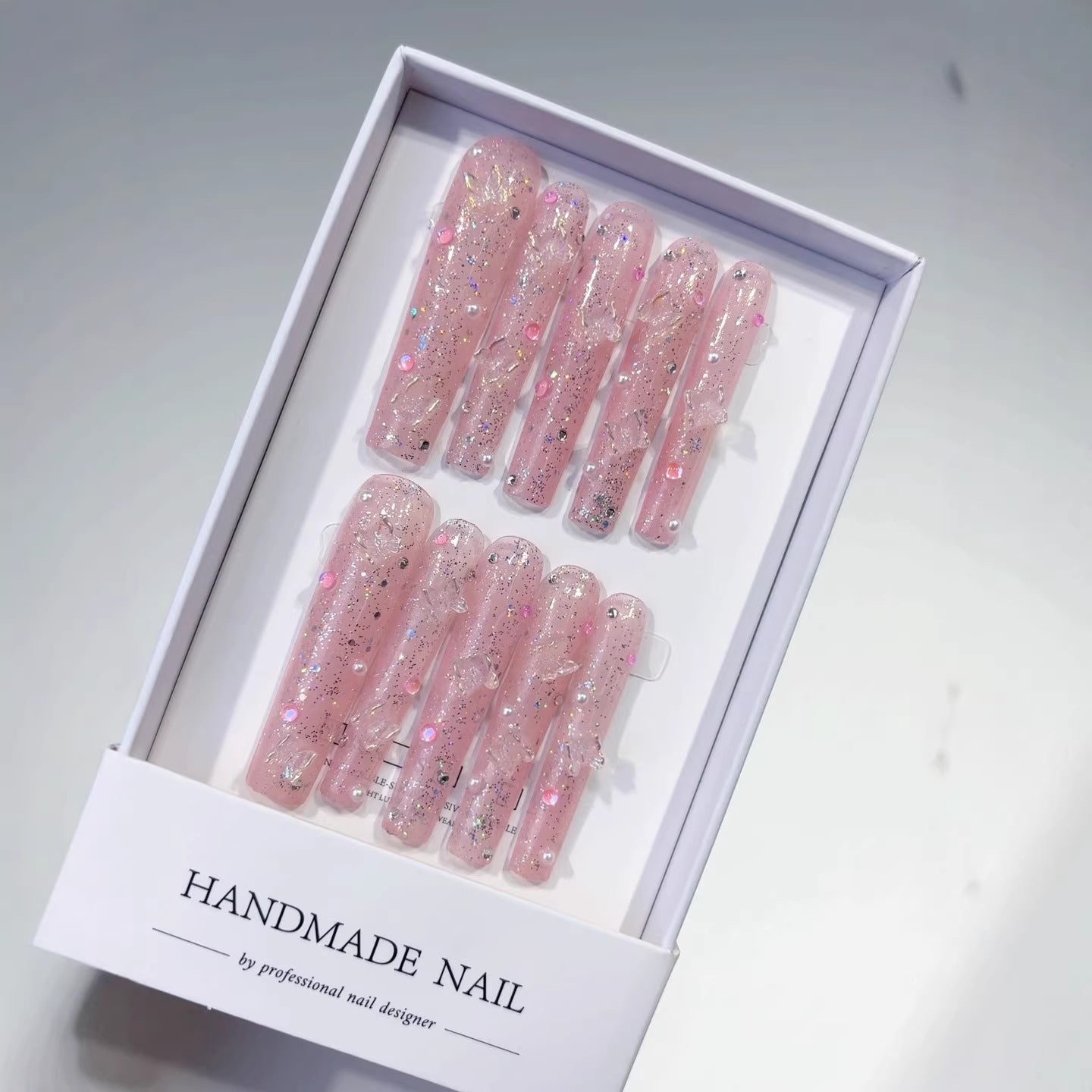 365nails: "Pink Butterfly Glitter" – Extra Long Square Glittery Pink Butterfly Handmade Press-On Nails