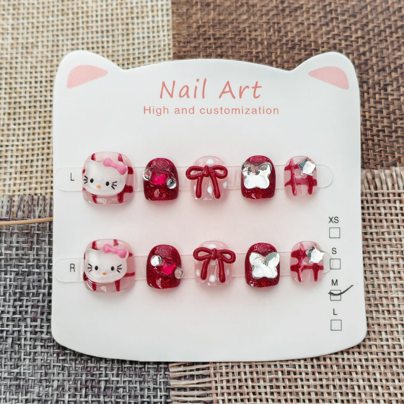 365nails: "ruby plaid hello kitty" – short round handmade kids press-on nails