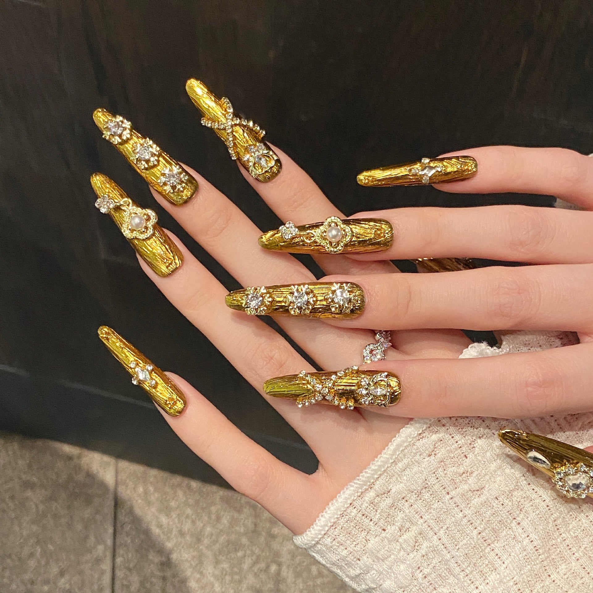365nails: "Gilded Baroque" – 3D Floral & Crystal Handmade Long Almond Nails