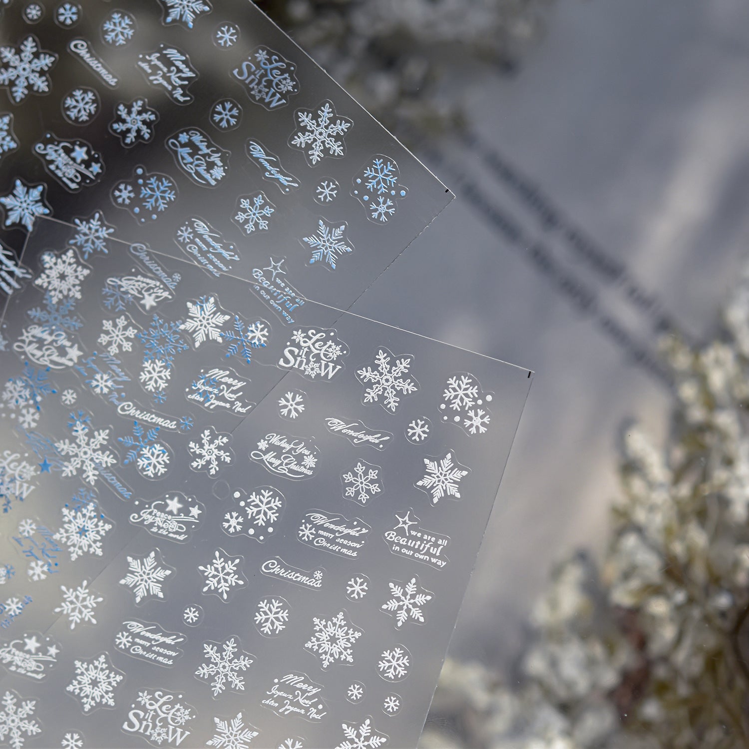 White Christmas Snowflake & Script: "Winter Frost Wonderland" – 5D Embossed Nail Sticker