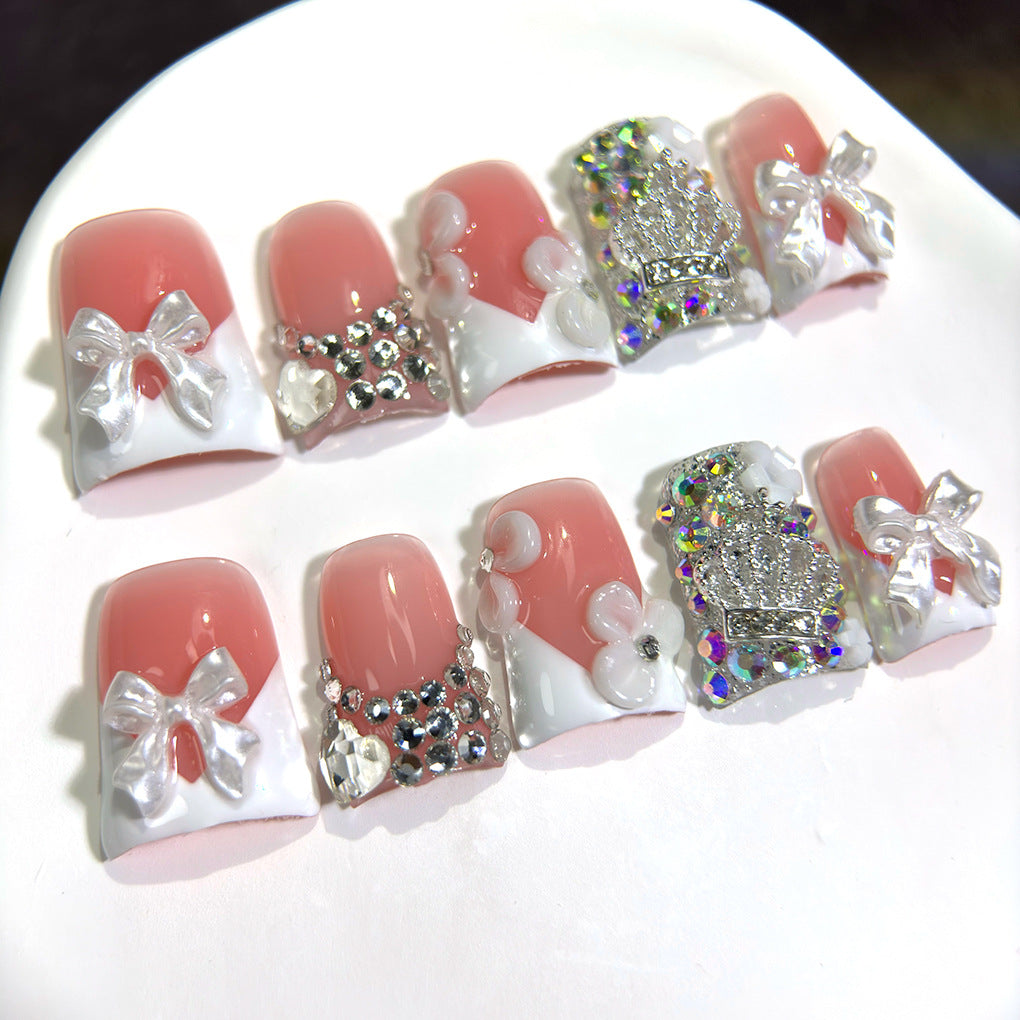 Pink White Bow Crystal French Press On Nails