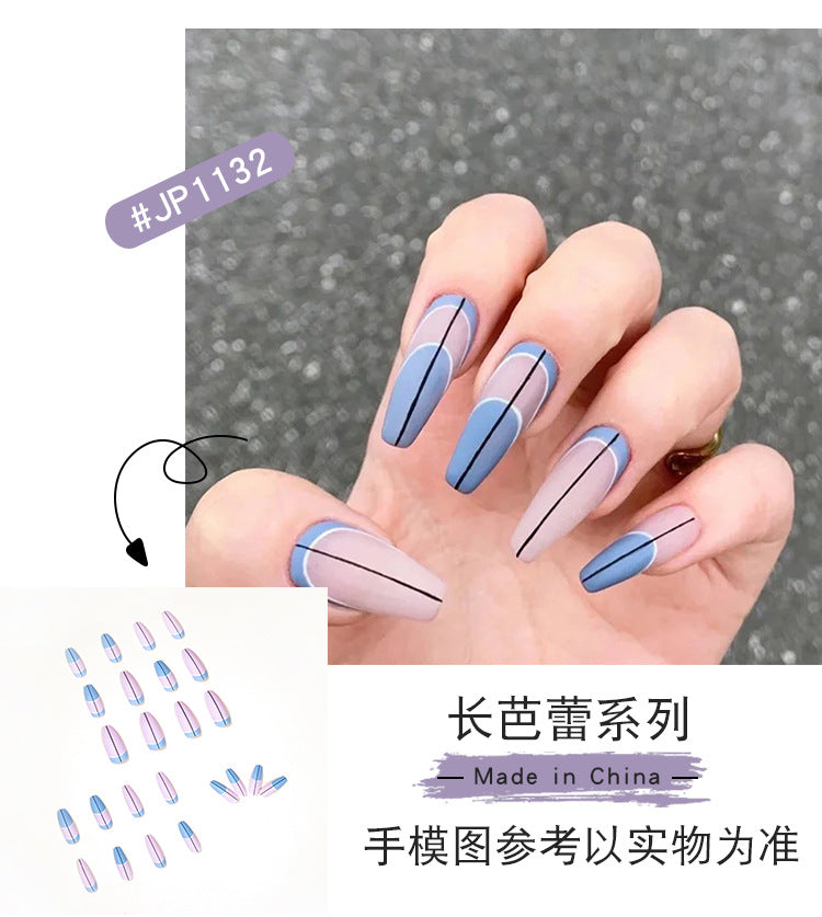 Balé francês longo com strass azul, linha ondulada, pequena flor preta, para manicure, fornecimento direto, patch 365nails