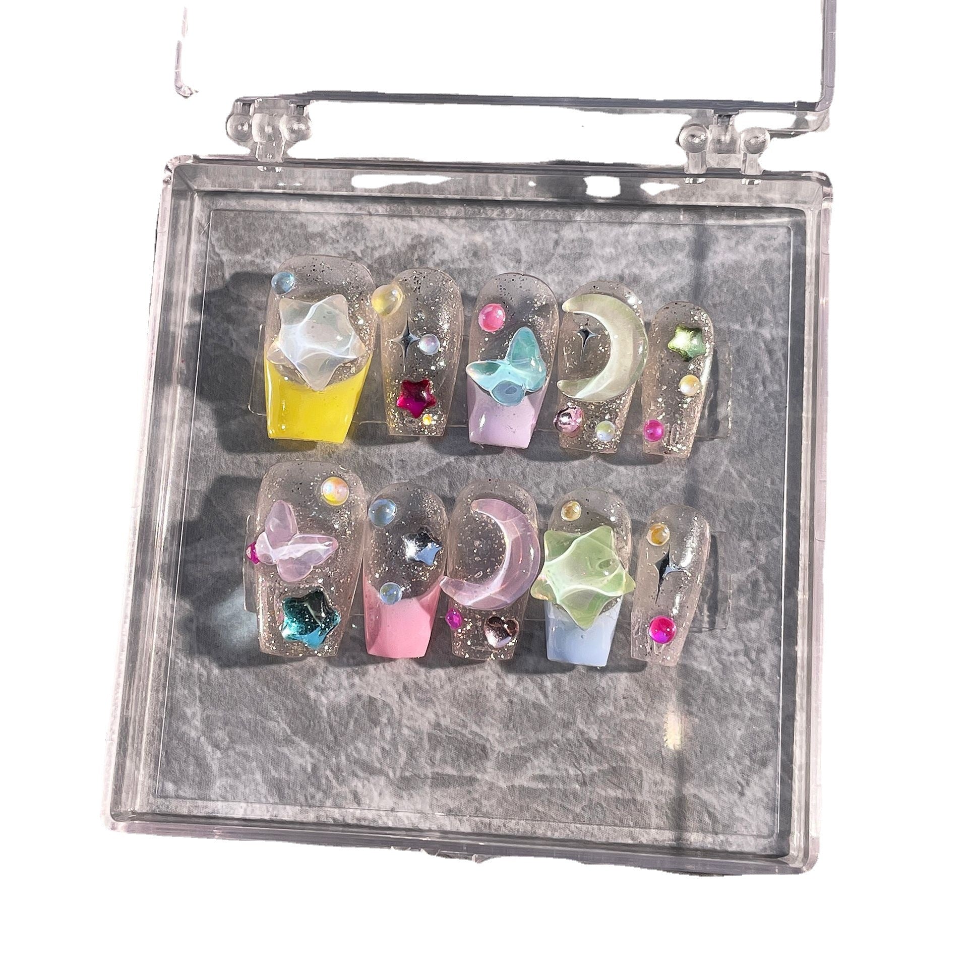 Handmade press on nails, star moon mocha drilling, fish bead finished nail art patch,  sticker, fake nail.｜365nails