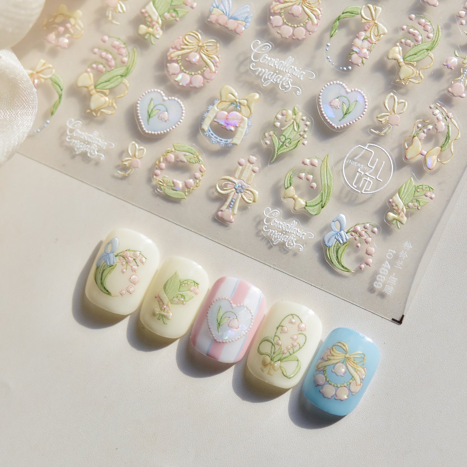 鈴蘭花浮雕指甲貼紙 — 粉彩蝴蝶結與愛心組