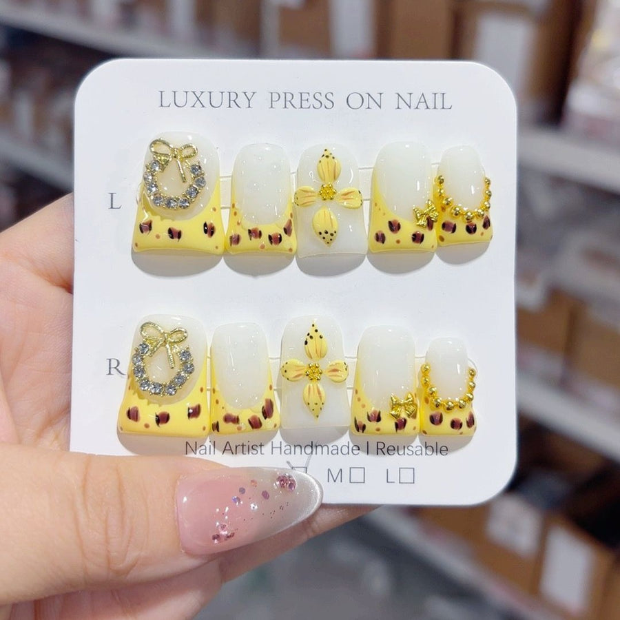 365nails-골든 레오파드: "글램 레오파드" – 스퀘어형 수제 3D 장식 프레스온 네일