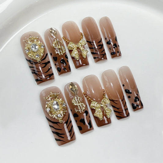 Square manicure ice through gradual change leopard print hand-painted press-on nails pure hand-made detachable fake nails｜365nails