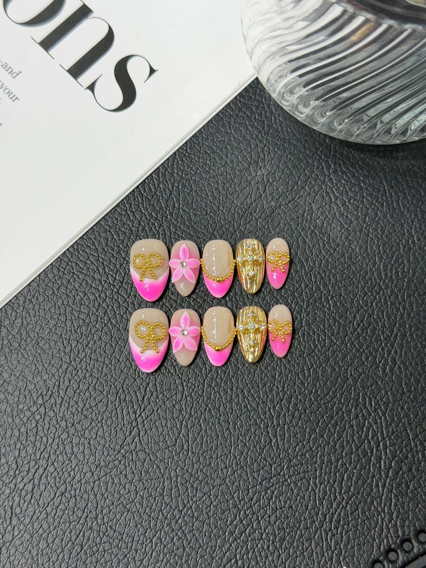 365nails: "Golden Bloom" – 3D Floral & Glitter Handmade Almond Nails