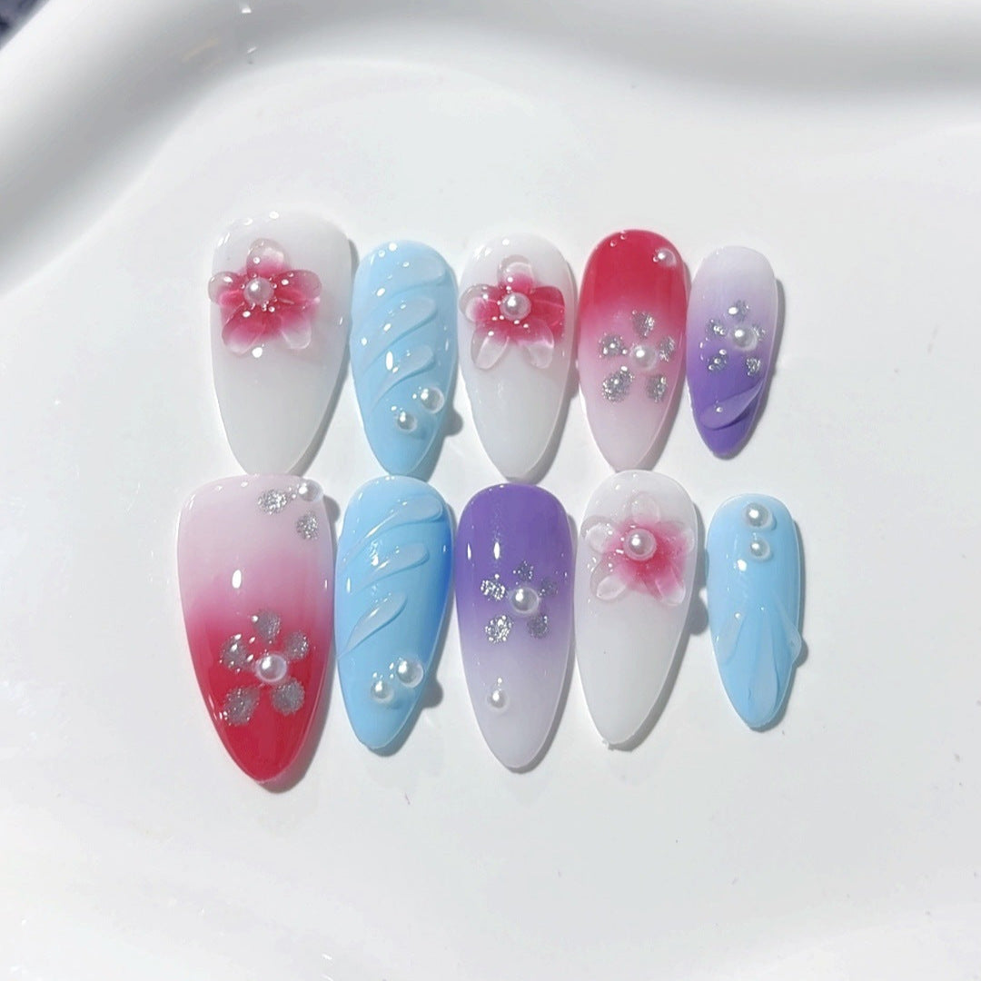 365nails: "Colorful Floral Gradient" – Medium Almond Multicolor Floral Handmade Press-On Nails