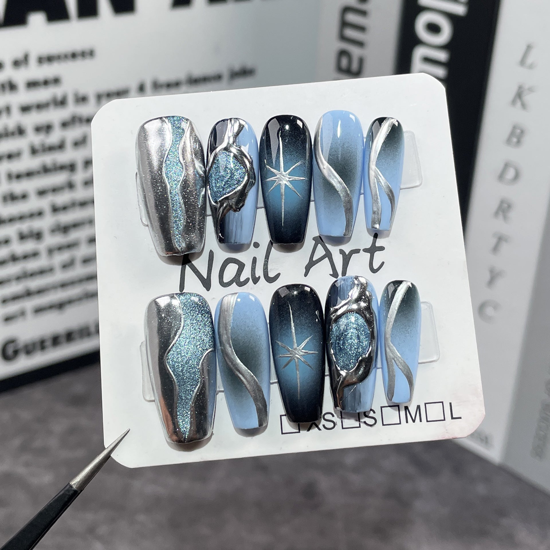 Unhas postiças artesanais pretas e azuis, mudança gradual tridimensional, olho de gato, pistola de pulverização avançada, adesivo médio e longo｜365nails