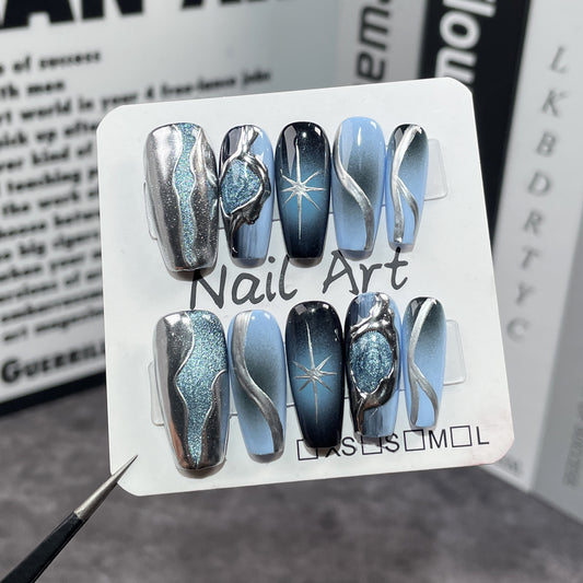 Handmade press-on nails black and blue gradual change three-dimensional cat eye advanced spray gun medium and long  sticker｜365nails